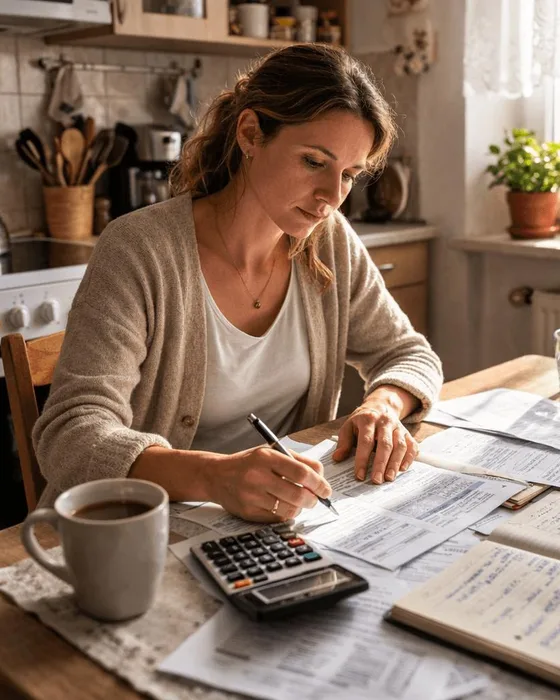 Mulher na mesa da cozinha conferindo contas, com calculadora, caderno e café